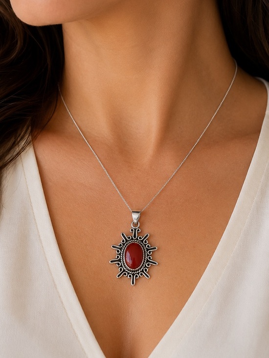 Taxco Jewelry - Carnelian Sunburst Sterling Silver 925 Vintage Pendant, Mexico 925 CII